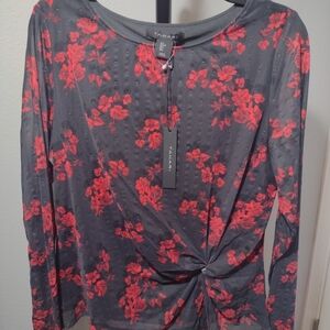New Tahari Black Red Floral Sheer Top Women L Mesh Twist Front Long Sleeve Studs